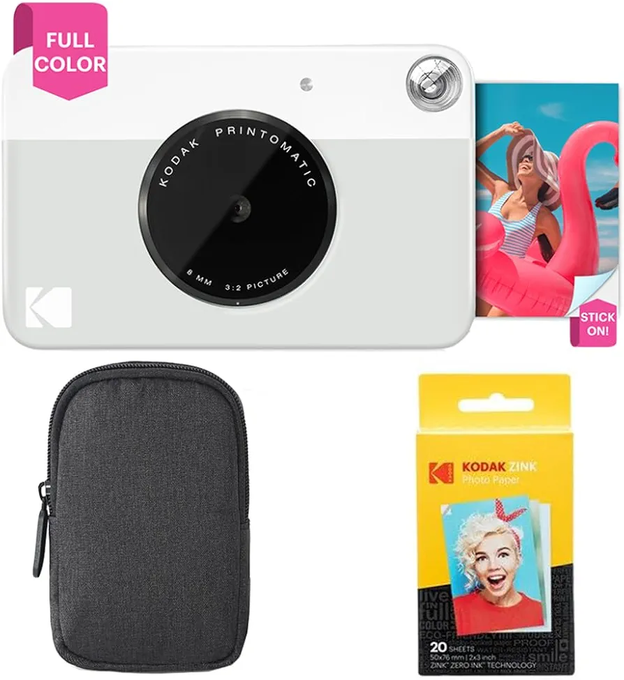 KODAK: Paquete básico de cámara instantánea Printomatic (Gris) + Papel Zink (20 Hojas) + Funda cómoda .